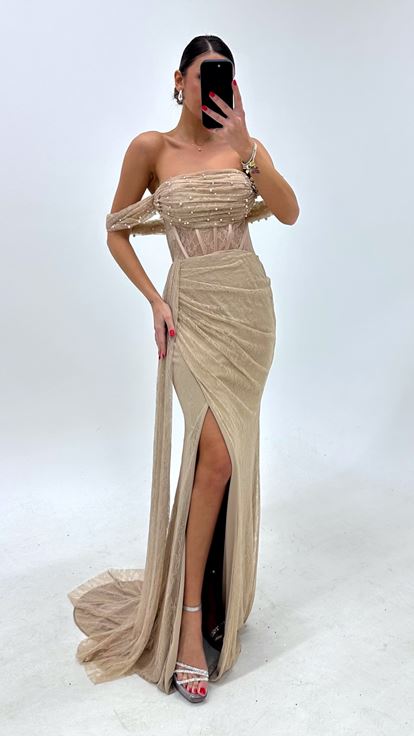 Vizon İncili Drape Dantel Abiye Elbise