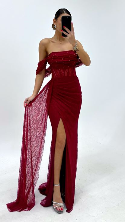 Bordo İncili Drape Dantel Abiye Elbise