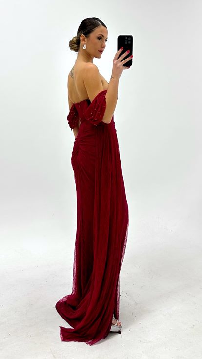 Bordo İncili Drape Dantel Abiye Elbise