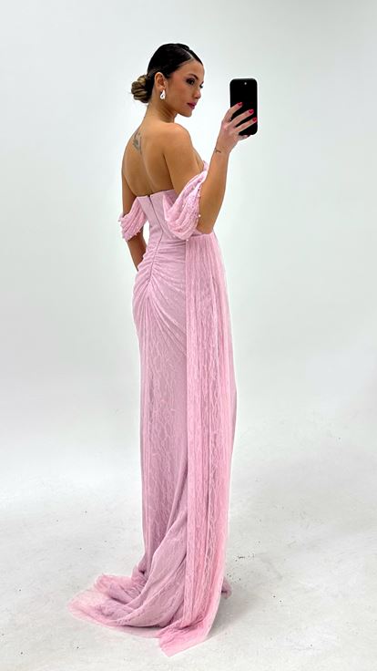 Pudra İncili Drape Dantel Abiye Elbise