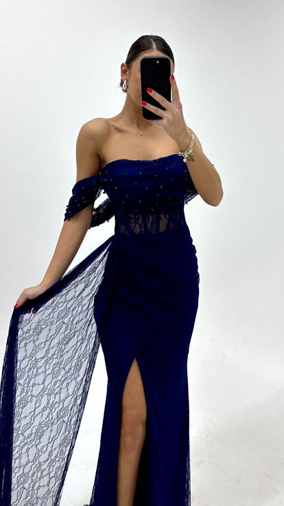 Lacivert İncili Drape Dantel Abiye Elbise