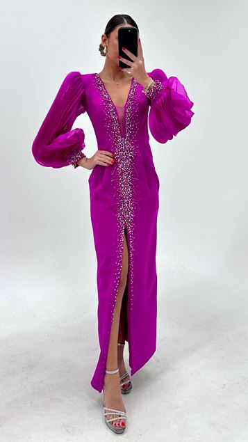 Abito da sera con maniche a palloncino e scollo a V