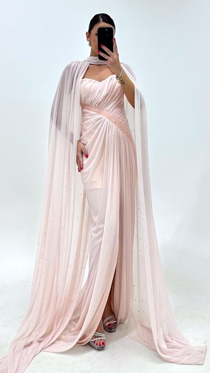 Robe de Soirée Rose Poudré Cape Brillant