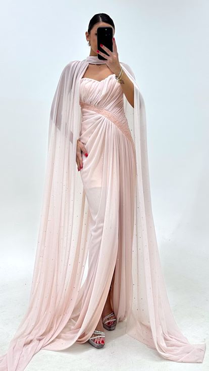 Robe de Soirée Rose Poudré Cape Brillant