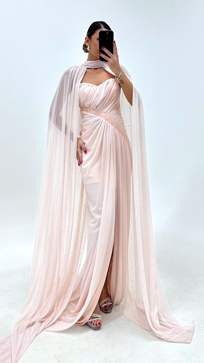 Robe de Soirée Rose Poudré Cape Brillant