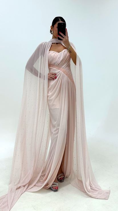 Robe de Soirée Rose Poudré Cape Brillant