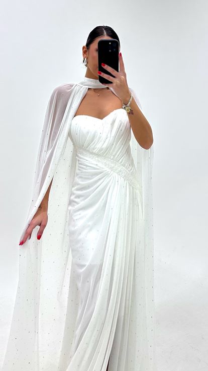 Ivory Cape Sparkly Evening Dress