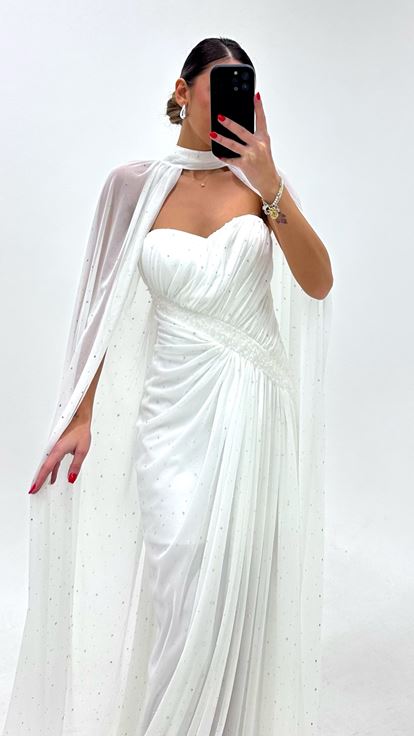 Ivory Cape Sparkly Evening Dress