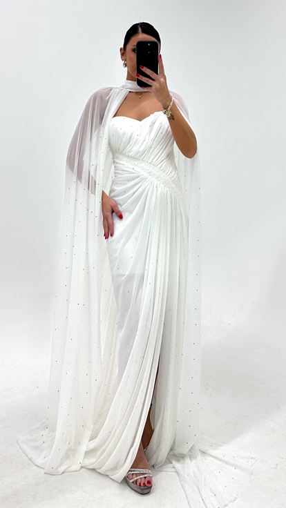 Ivory Cape Sparkly Evening Dress