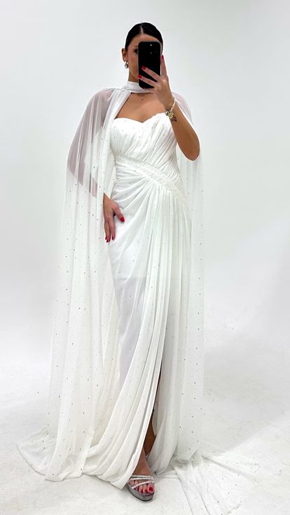 Ivory Cape Sparkly Evening Dress