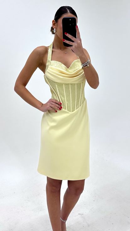 Butter Yellow Drape Neckline Corset Detail Mini Evening Dress