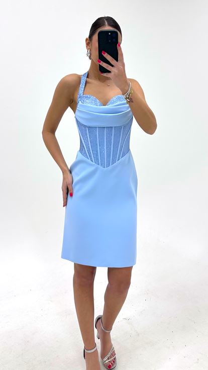 Blue Drape Neckline Corset Detail Mini Evening Dress