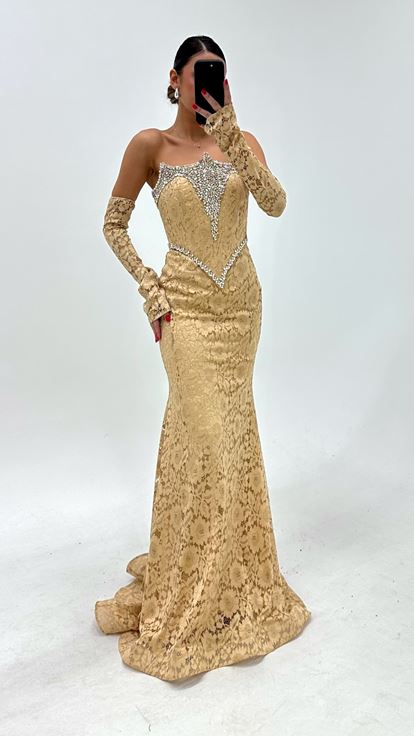 Vestido de Noche Beige Escote en V Yogun Kristal Bordado Encaje