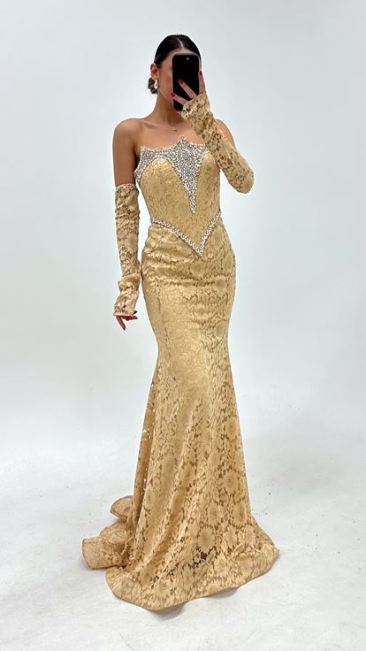 Vestido de Noche Beige Escote en V Yogun Kristal Bordado Encaje