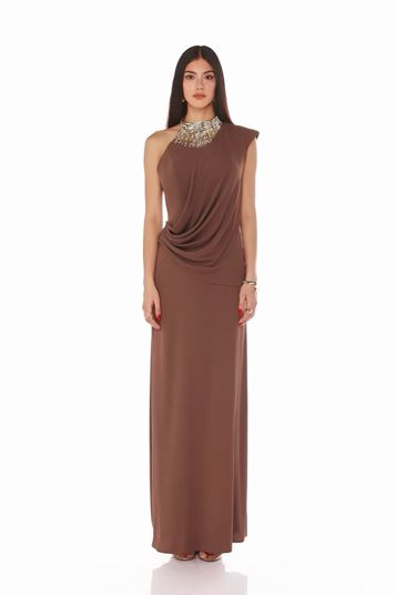 Brown Crystal Collar Short Sleeved Evening Dress