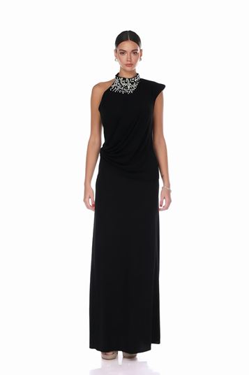 Black Crystal Collar Short Sleeved Evening Dress