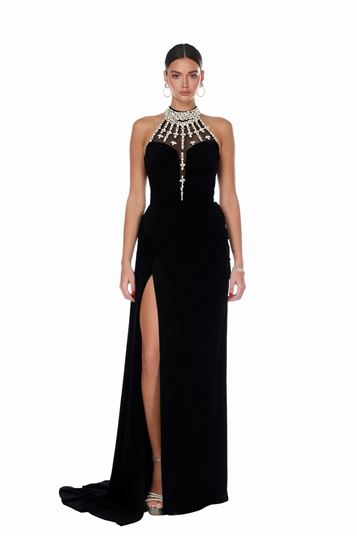 Abito da sera nero con scollo all'americana e decorazioni