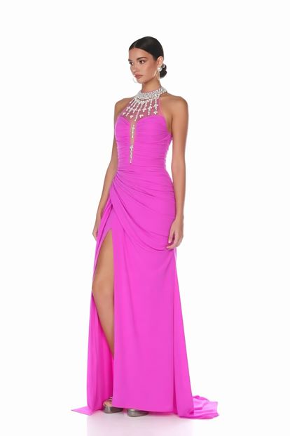 Robe de Soirée Rose Col Licou avec Pierres