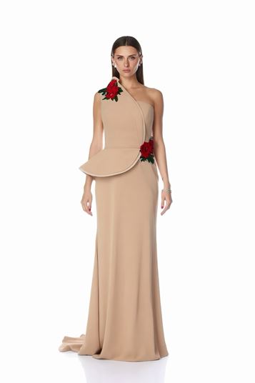 Milk Coffee Red Floral OneShoulder Evening Dress