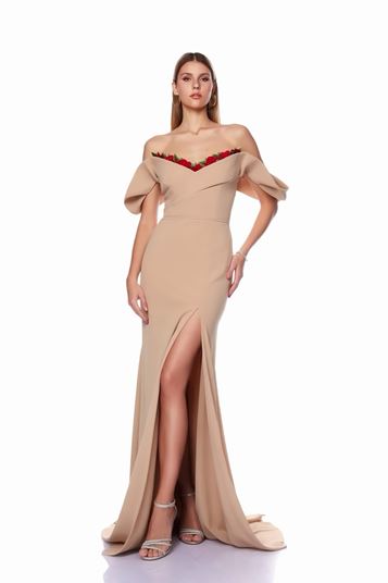 Beige Draped Floral Embroidered Evening Dress