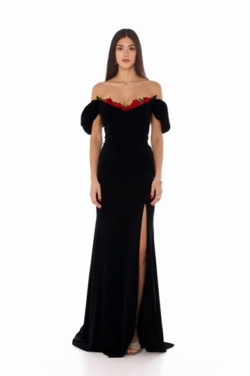 Black Draped Floral Embroidered Evening Dress