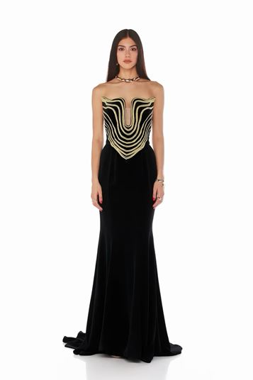 Abito da sera nero senza spalline con ricami dorati