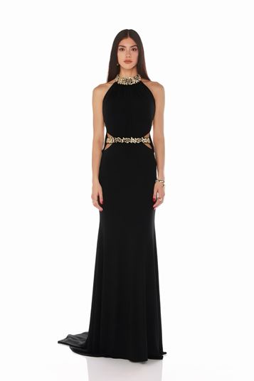 Black Halter Neck Evening Dress with Stone Embellishments