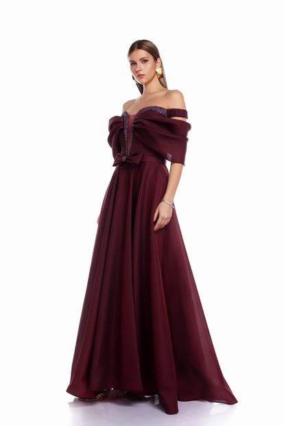 Bordo Askılı Parlak Abiye Elbise