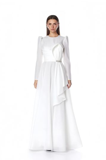 Robe de soirée en satin blanc à manches bouffantes pour hijab