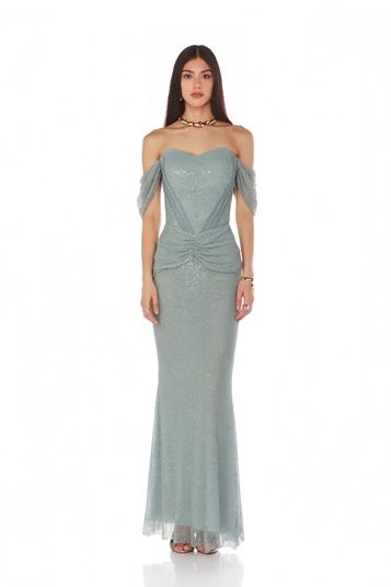 Vestido de noche con lentejuelas y detalle drapeado en color menta