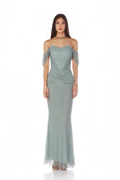 Mint Drape Detaylı Payetli Abiye Elbise