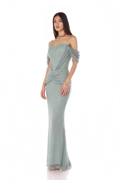 Mint Drape Detaylı Payetli Abiye Elbise