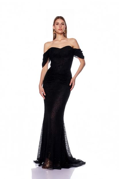 Siyah Drape Detaylı Payetli Abiye Elbise