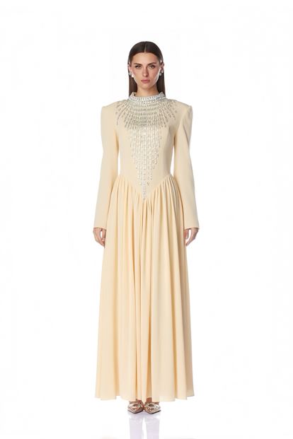Beiges V Kesim Gerafft Abendkleid