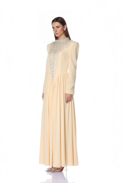 Beiges V Kesim Gerafft Abendkleid