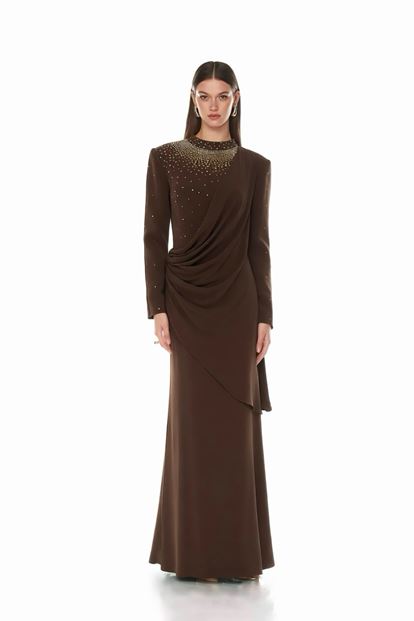 Brown Draped Stone Detailed Evening Dress