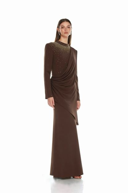 Brown Draped Stone Detailed Evening Dress