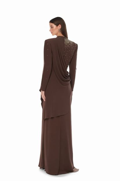Brown Draped Stone Detailed Evening Dress
