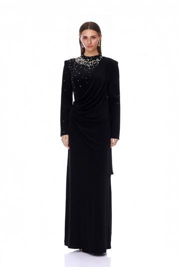 Black Draped Embellished Evening Dress