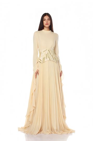 Beige LongSleeved Pleated Evening Dress