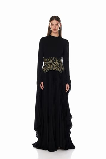 Black Long Sleeved Pleated Evening Dress