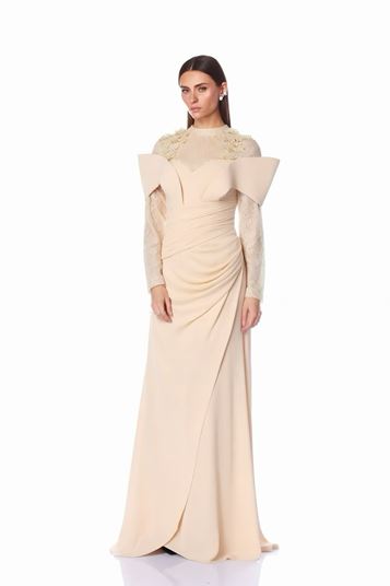 Baby Pink Mandarin Collar Draped Evening Dress