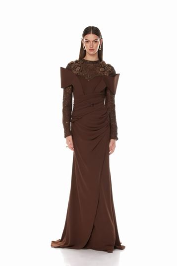 Brown Mandarin Collar Draped Evening Dress