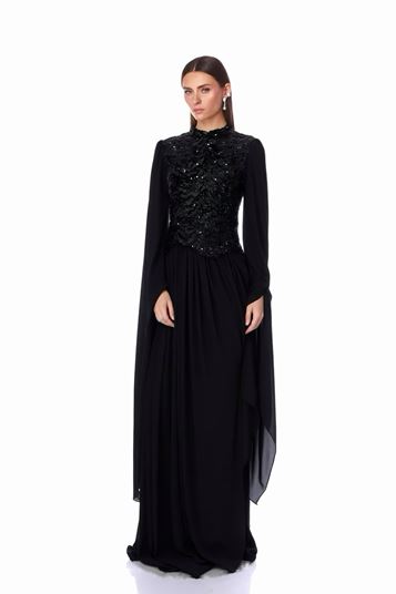 Vestido De Noche Negro Con Detalles De Lentejuelas