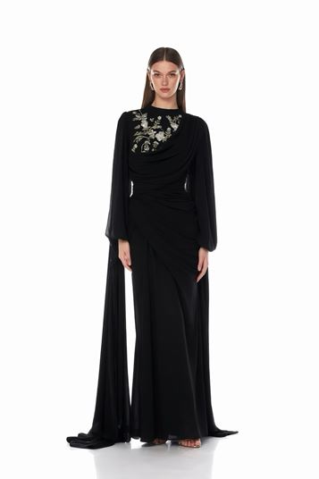 Black Mandarin Collar Flowy Evening Dress