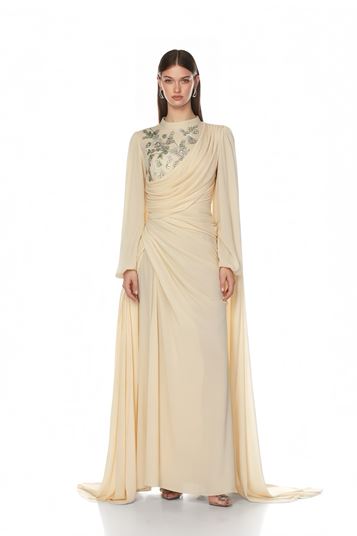 Baby Pink Mandarin Collar Flowy Evening Dress