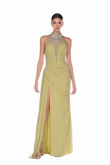 Green Halter Neck Embellished Evening Dress