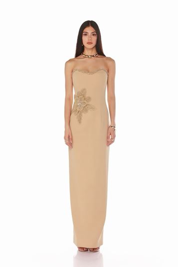 Floral Patterned Strapless Embellished Evening Dress