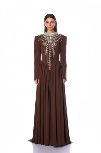 Robe de soirée marron à col en V et fronces