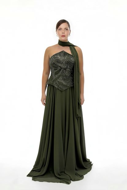 فستان سهرة من الشيفون بدون حمالات، بلون الكاكي، مزين باللؤلؤ، بمقاسات كبيرة